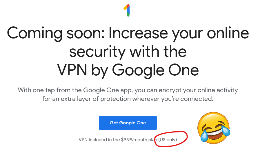 Google One VPN announcement, featuring the words "US Only"