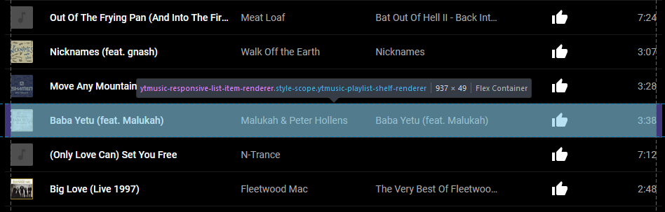 A browser debugger inspecting a "row" in a YouTube Music playlist. The selected row is "Baba Yeta" by Peter Hollens and Malukah, and has the element name "ytmusic-responsive-list-item-renderer" shown by the debugger.