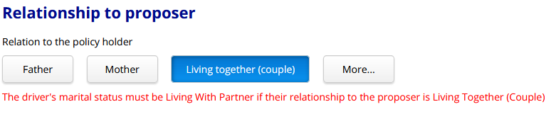 Relationship to policy holder: Living together (couple) results in the error "The driver's marital status must be Living With Partner" if their relationship to the proposer is Living Together (Couple)".