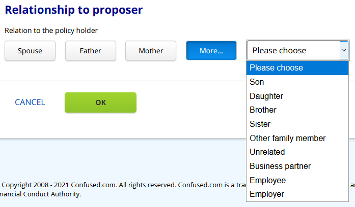 Relationship to proposer question with 'spouse' option but not 'living with partner'.