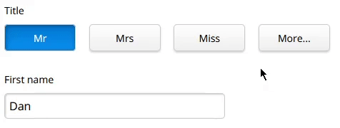 Animation showing title selector with options "Mr", "Mrs", "Miss", and "More...". Clicking "More..." reveals three more: "Ms", "Dr (Male)" and "Dr (Female)"