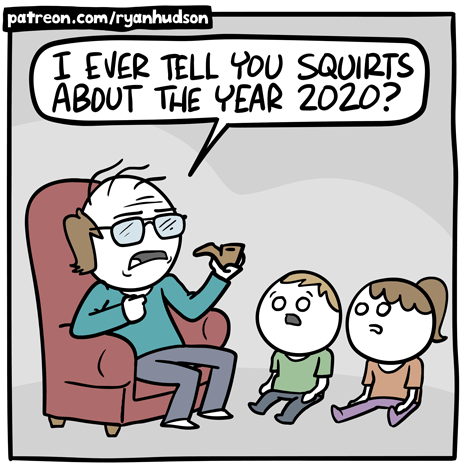 First frame of "Story Time" comic from Channelate. An old man sits in an armchair and talks to two small children sitting on the floor in front of him. The old man says "I ever tel you squirts about the year 2020?"