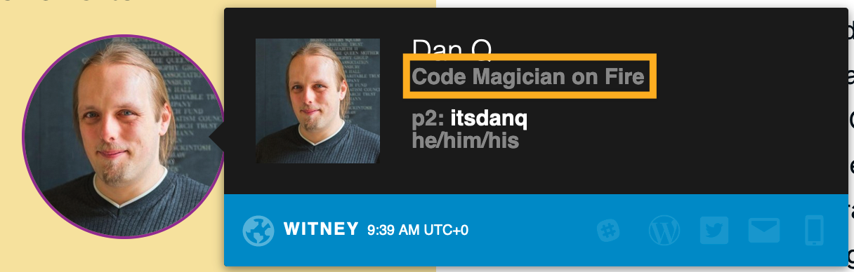 P2 user badge for me, showing my job title and team as "Code Magician on Fire"
