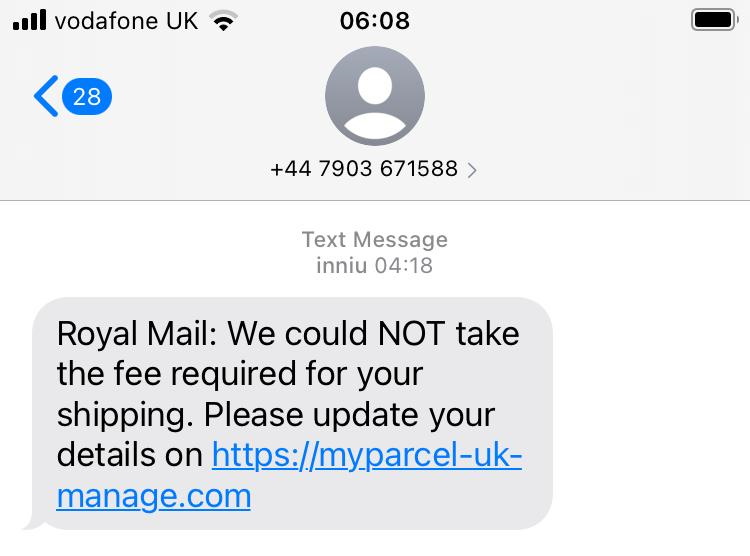 Scam SMS from "Royal Mail" asking the recipient to go to myparce-uk-manage.com to pay a "fee required for shipping", shown on an iPhone screen