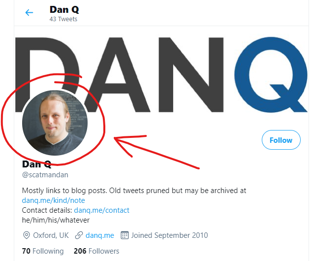 Dan Q's Twitter profile header showing his avatar image.