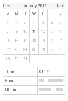 Calendar datepicker with slider-based timepicker and no text-based fallback.