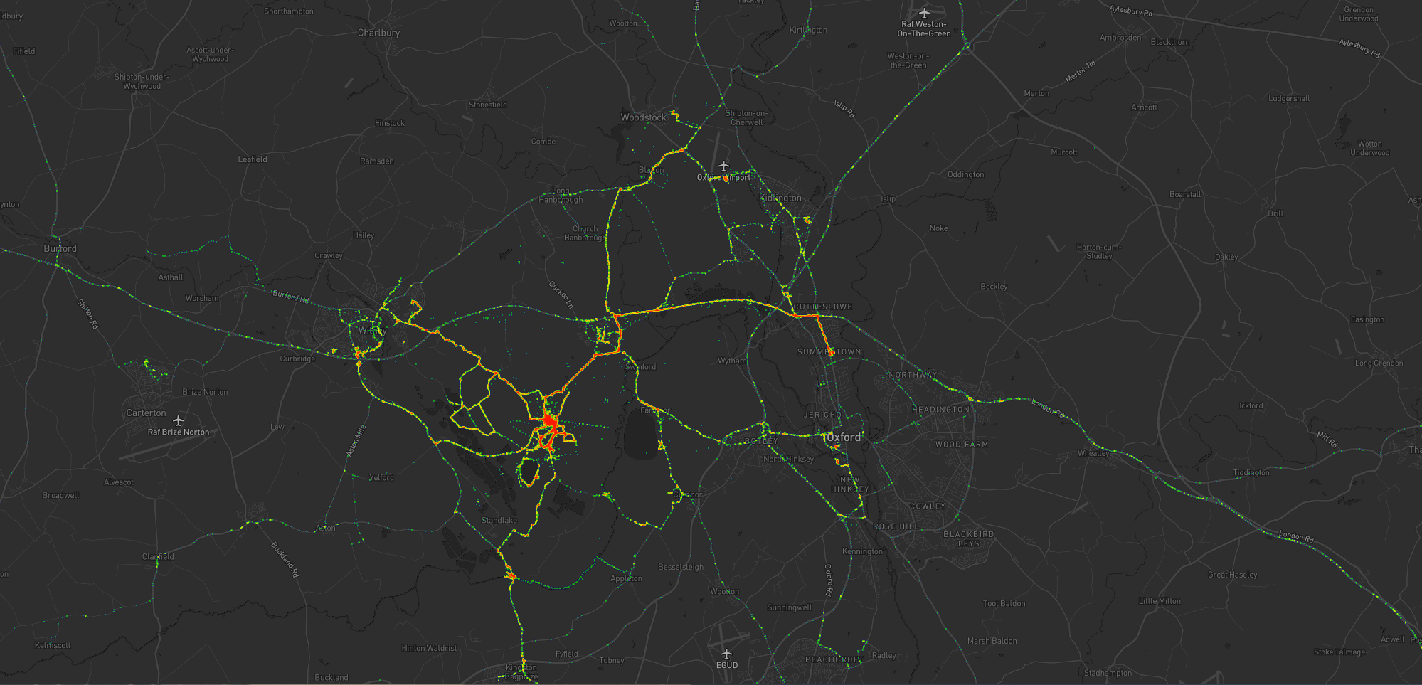 Heatmap showing Dan's movements around Oxford since moving house in 2020. There's a strong cluster around Stanton Harcourt with heavy tendrils around Witney and Eynsham and along the A40 to Summertown, and lighter tendrils around North and Central Oxford.