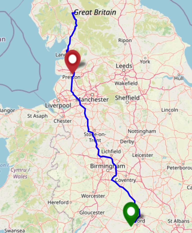 Tracklog map showing a journey from Oxfordshire to Cumbria via a hashpoint in Lancaster, then on to Preston.