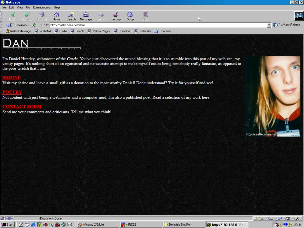 Screenshot showing Netscape Communicator running on Windows 98, showing Dan's vanity page circa 1999.
