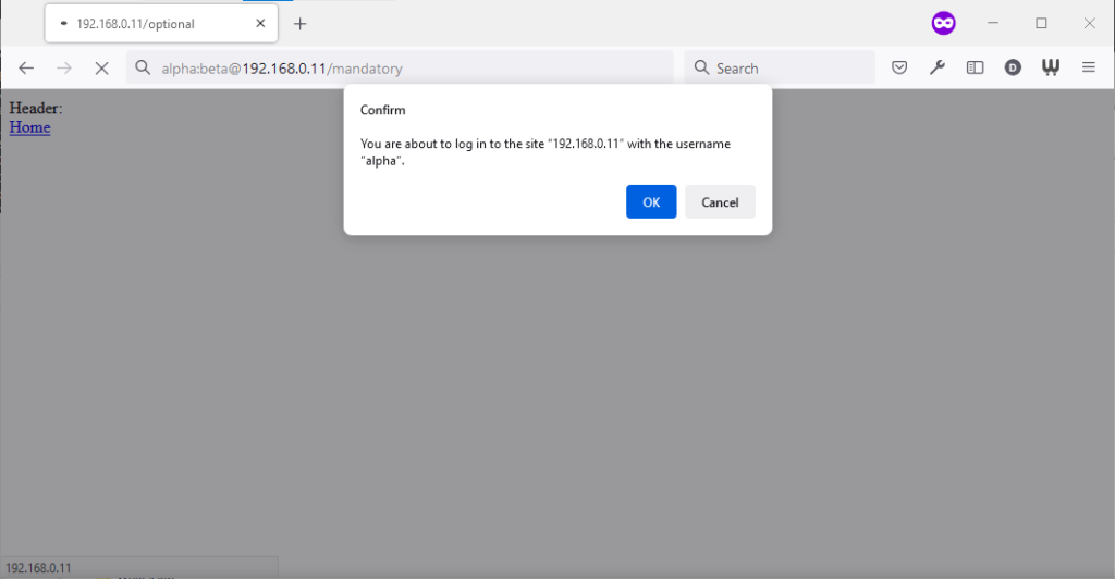 Firefox dialog reading "You are about to log in to the site 192.168.0.11 with the username alpha".
