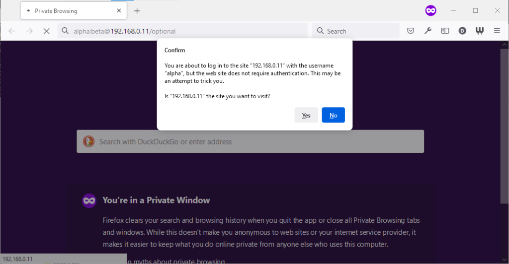 Firefox window with popup reading "You are about to log in to the site 192.168.0.11 with the username alpha, but the web site does not require authentication. This may be an attempt to trick you."