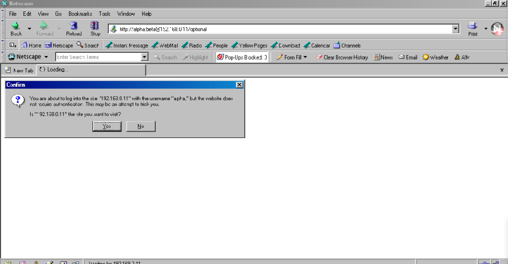 Screenshot showing Netscape 7.2, with a popup saying "You are about to log in to site 192.168.0.11 with the username alpha, but the website does not require authenticator. This may be an attempt to trick you." The username and password are visible in the address bar.