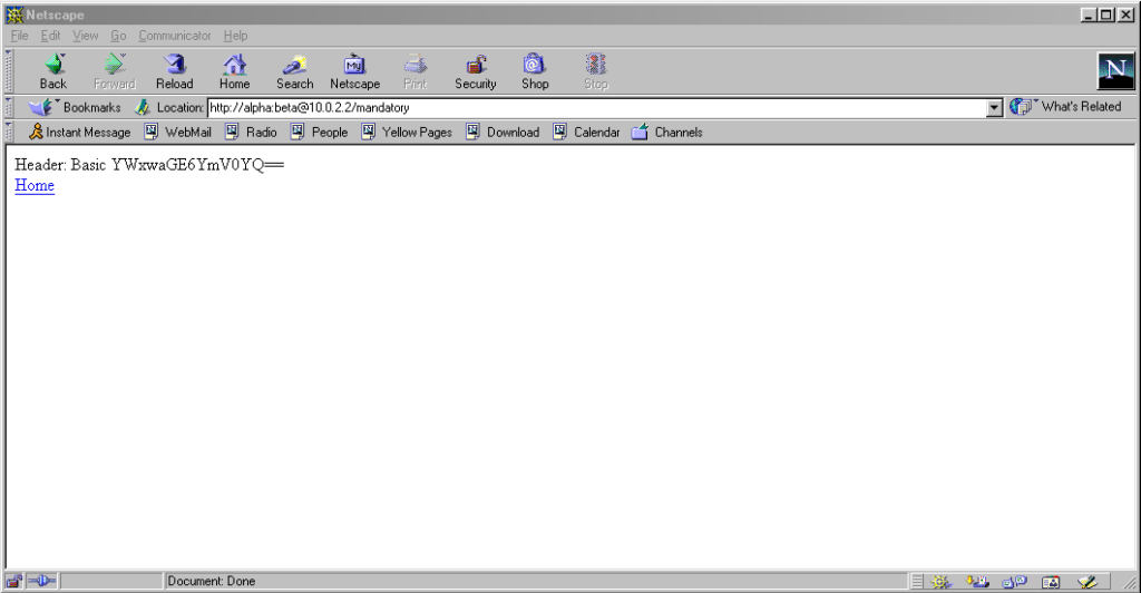 Netscape Communicator 4.7 showing credentials in a URL, passed to a server.