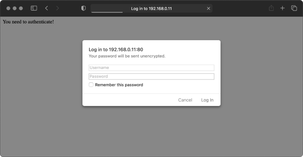 Safari showing a dialog "Log in" / "Your password will be sent unencrypted."