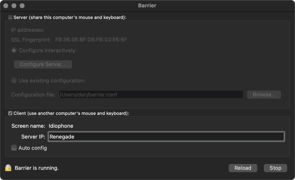 Screenshot showing Mac computer "Idiophone" being configured in Barrier to connect to server "Renegade".