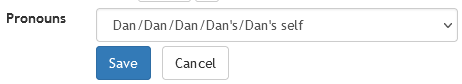 Three Rings' "Pronouns" drop-down, with "Dan/Dan/Dan/Dan's/Dan's self" selected.