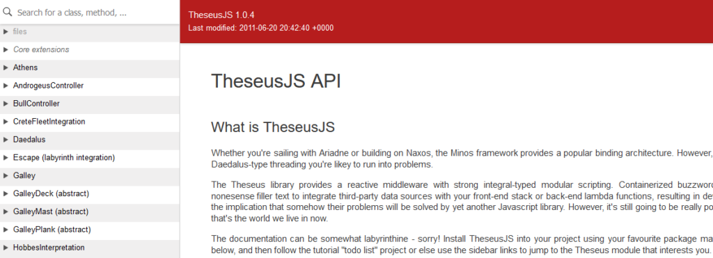 Screenshot showing a website for the TheseusJS API. It's pretty labyrinthine (groan).