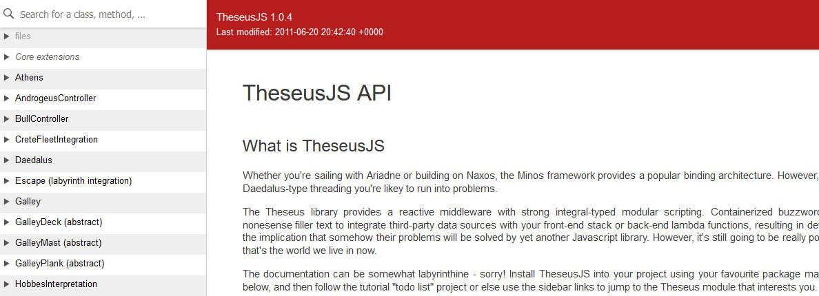 Screenshot showing a website for the TheseusJS API. It's pretty labyrinthine (groan).