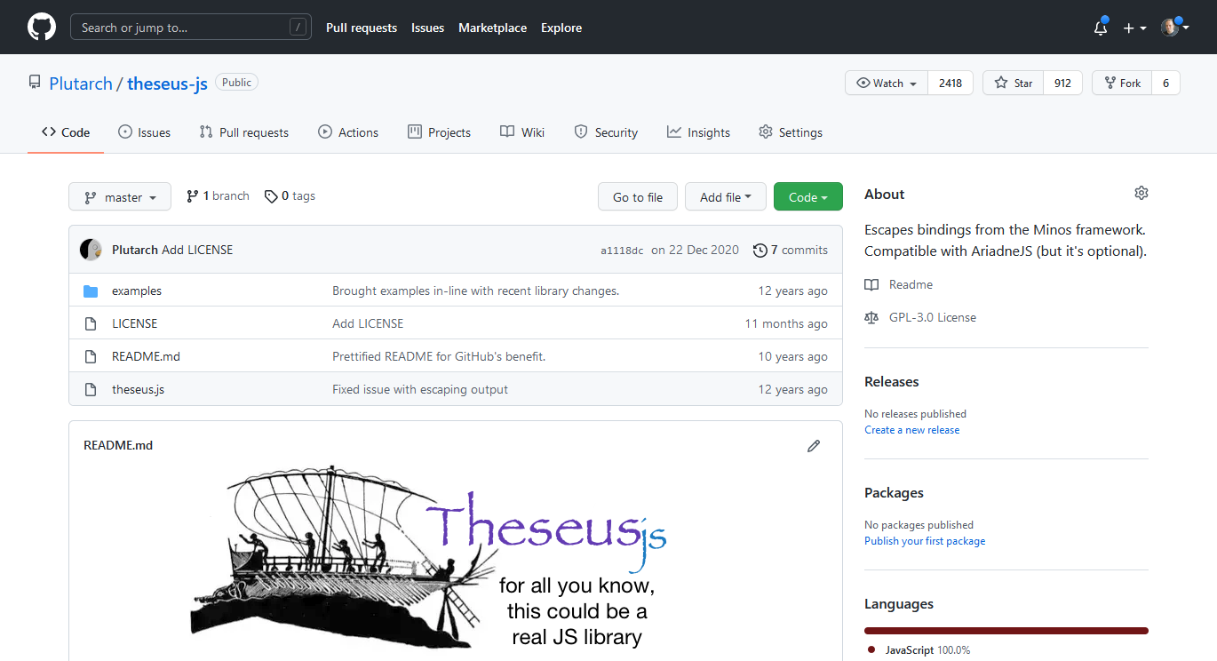 Screenshot showing TheseusJS's GitHub page. The project hasn't been updated in a year, and that was just to add a license: no code has been changed in 12 years.