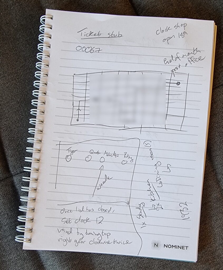 Nopepad showing handwritten notes including: "Ticket stub 00067", "Clock shop open 18th", and "Set clock 12".