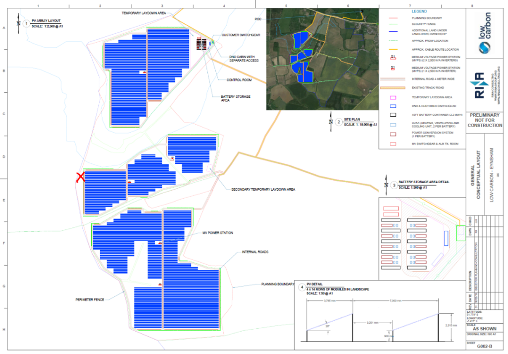 Site map of the Aurora Solar Farm with a red cross marking a presumed hashpoint just to the West of one of its panelled sections.