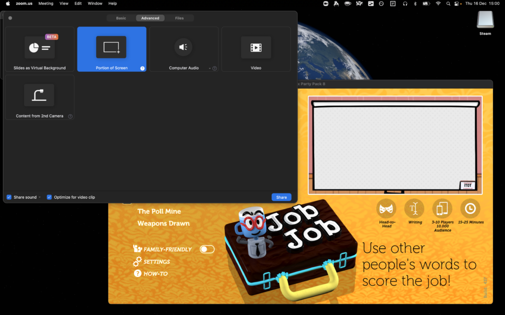 MacOS desktop showing a Jackbox game running and Zoom being configured to show a "portion of screen".