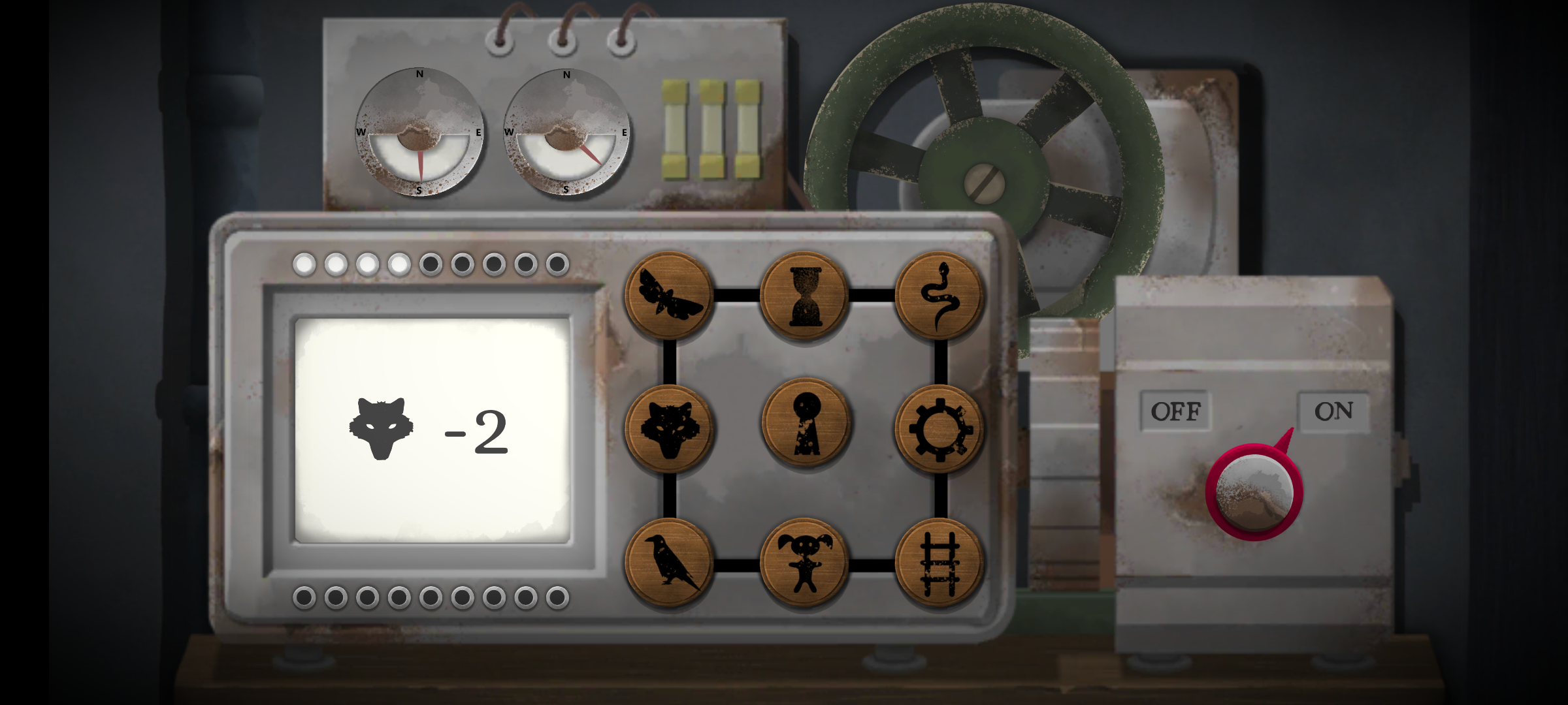 Tick Tock screenshot showing a mysterious machine with many buttons. The machine is switched on and the screen shows a wolf's head and the number "-2". The buttons show a bug, an hourglass, a snake, a wolf's head, a keyhole, a cog, a raven, a doll, and a section of railway track.