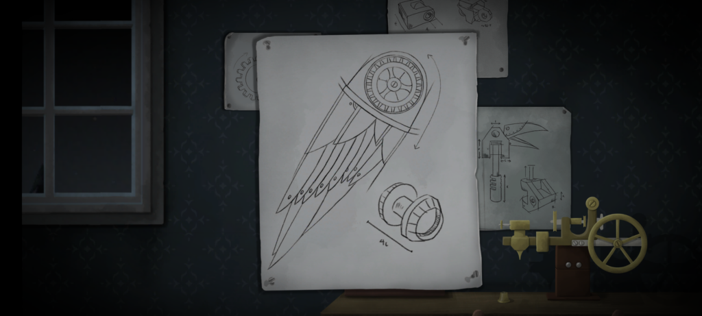 Tick Tock screenshot: among other documents, we examine a schematic for the construction of a mechanical raven's wing.