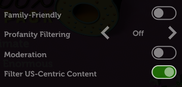 Jackbox game content settings; "Filter US-centric content" is switched on.