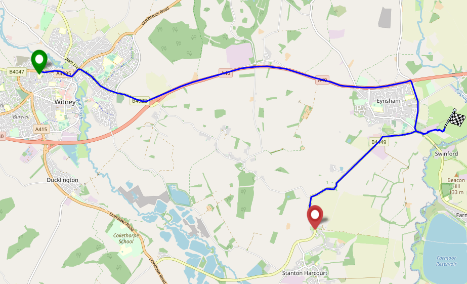 Map showing a journey from Witney to Stanton Harcourt via Wharf Stream Way meadow, East of Eynsham.