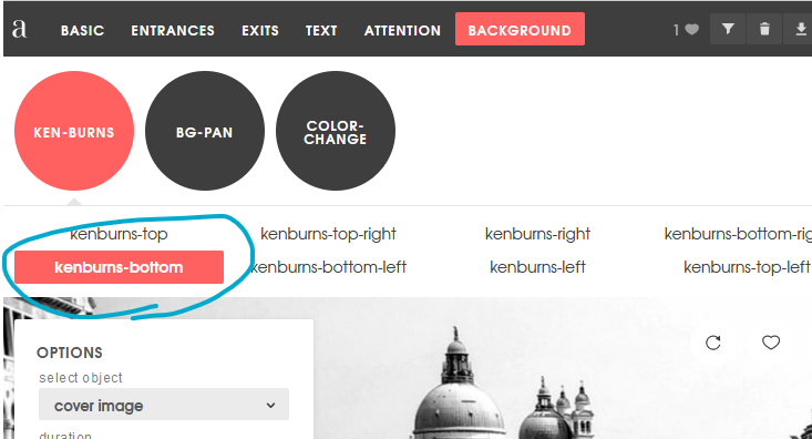 The kenburns-bottom CSS effect selected using Animista.