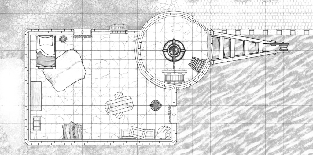 Monochrome map showing a crane tower and attached dwelling.