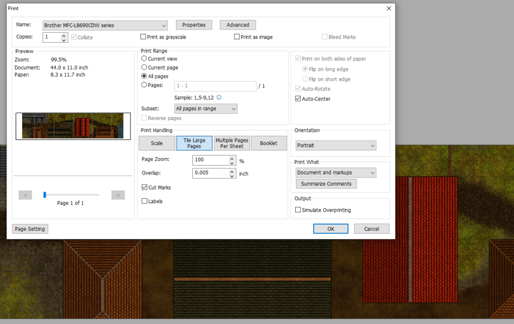 Foxit print dialog showing a preview of a map printed across 6 sheets of A4 paper.