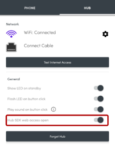 Screenshot showing the location of the enabled "Hub SDK web access open" setting in the Flic Hub settings page of the Flic app.