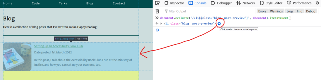 Browser debugger running document.evaluate('//li[@class="blog__post-preview"]', document).iterateNext() on Beverley's weblog and getting the first blog entry.