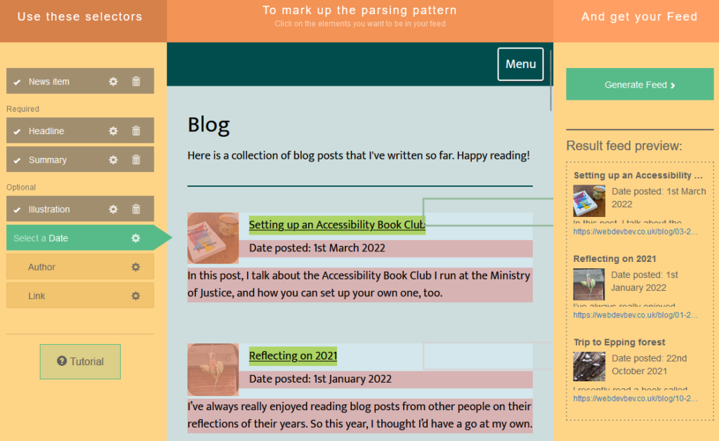 Screenshot showing FetchRSS being used to graphically create a feed from Beverley's blog.