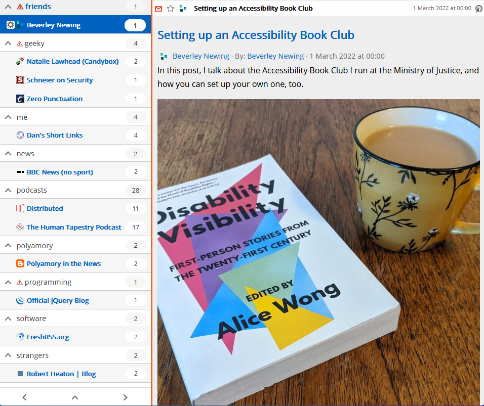 Beverley's blog post "Setting up an Accessibility Book Club" in FreshRSS.