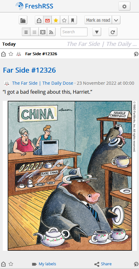 Far Side comic #12326, from 23 November 2022, shown in FreshRSS. The comic shows two bulls dressed in trenchcoats and hats browsing a china shop; one staff member says to the other "I got a bad feeling about this, Harriet."