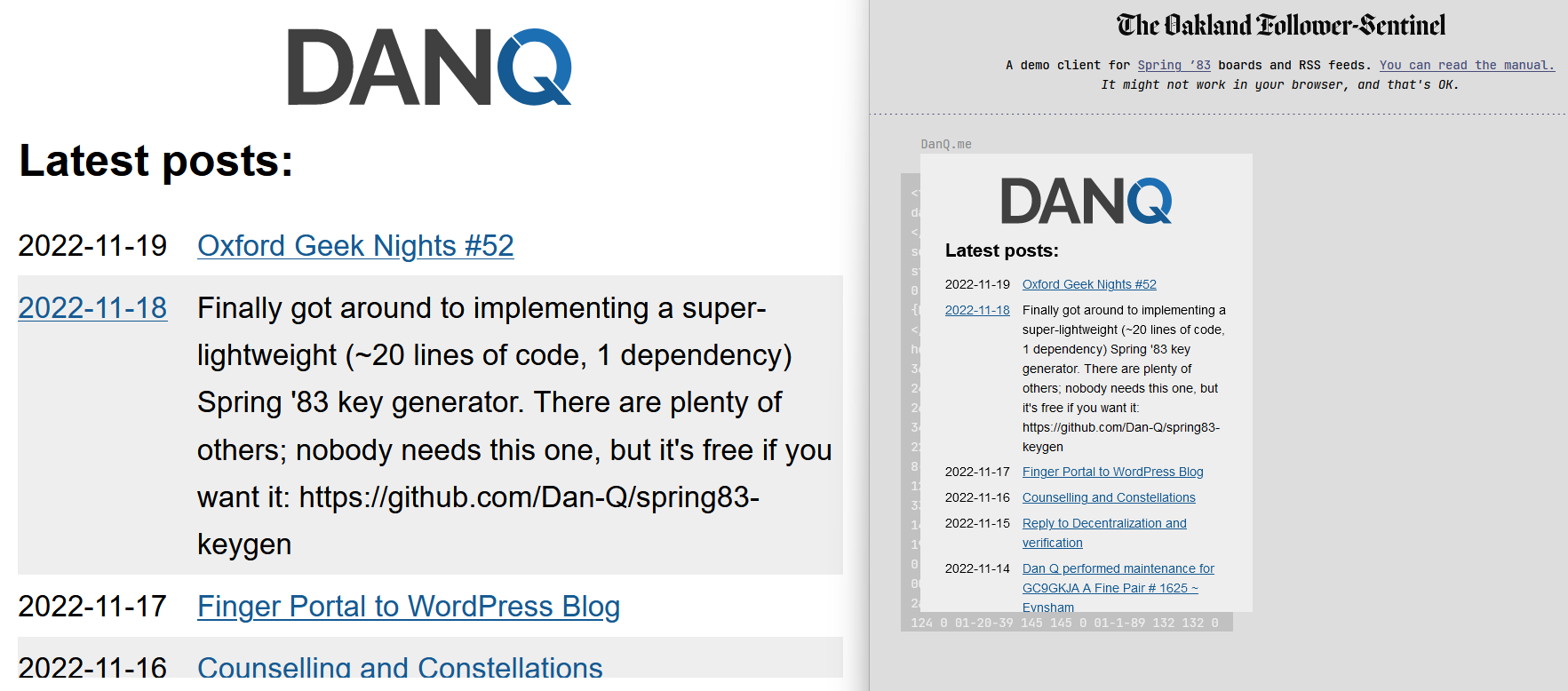 Screenshots showing STS-6, listing the most-recent blog posts on DanQ.me, in two different display styles.