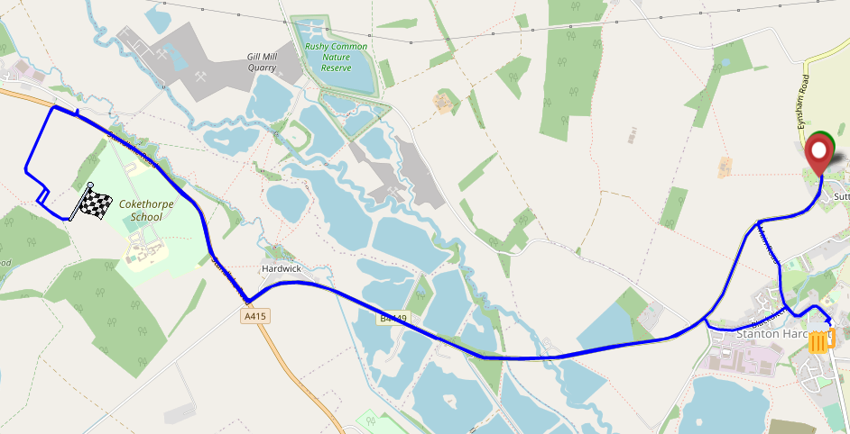 Map showing a journey from Sutton, near Stanton Harcourt, along the B4449 then up the A415 past Cokethorpe School, then along a bridleway and into a field (where a chequered flag icon appears), then back to the centre of Stanton Harcourt (where a beer icon appears) before returning to the start point in Sutton.