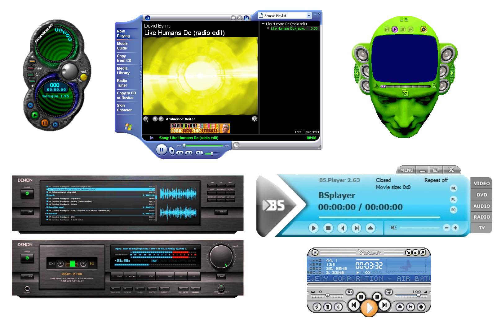 Composite screenshot showing Sonique, Windows Media Player and BSplayer music players, among others, in a variety of windows that are either unusually-shaped, look like conventional Hi-Fis, or both.