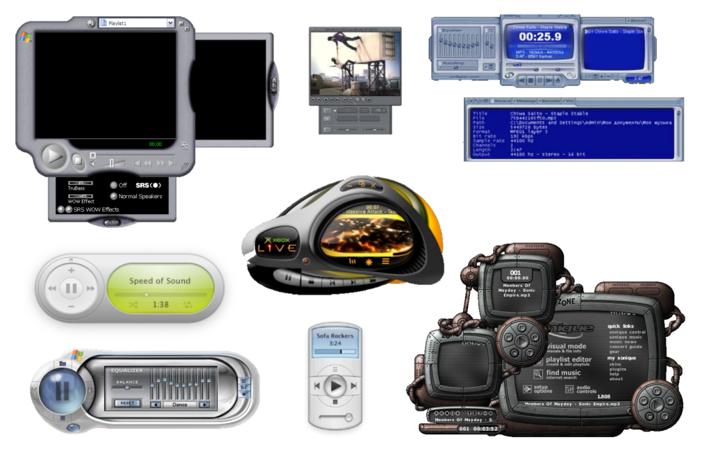 Composite screenshot showing Windows Media Player, the (old) iTunes companion widget, KMPlayer, and other media players. All of them have unusually-shaped windows, often with organic corners.