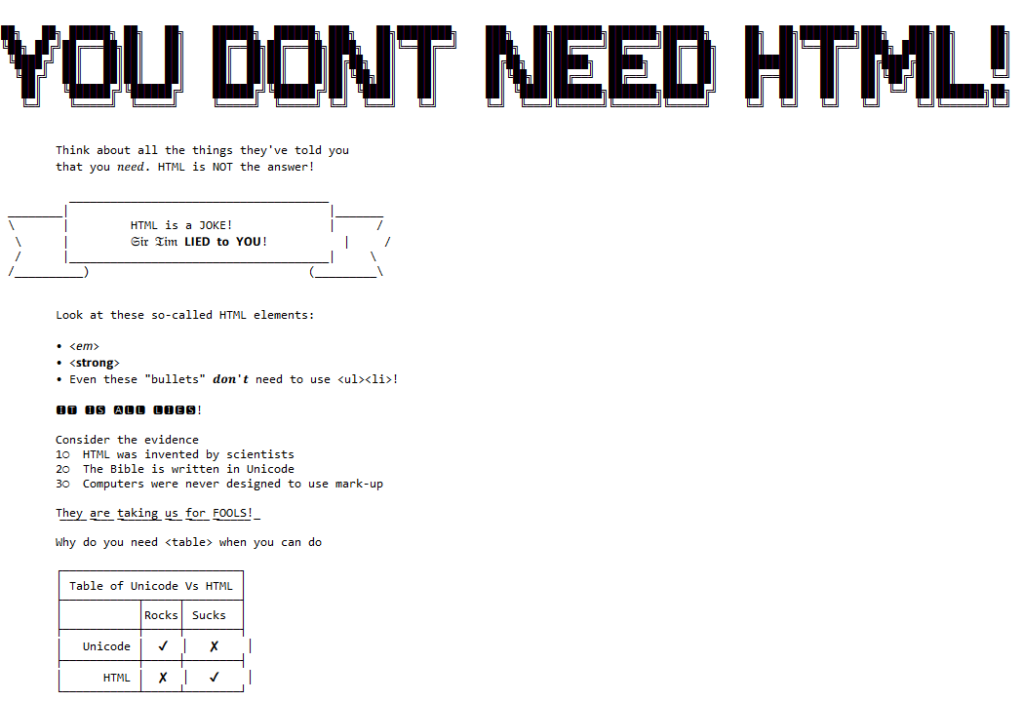 Screenshot showing Terence Eden's no-ht.ml website, which uses plain text ASCII/Unicode art to argue that you don't need HTML.