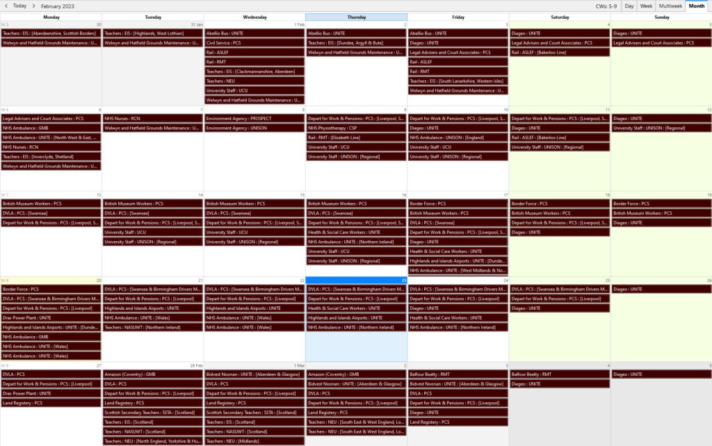 Screenshot showing a Thunderbird calendar popularted with strikes on every day in February.