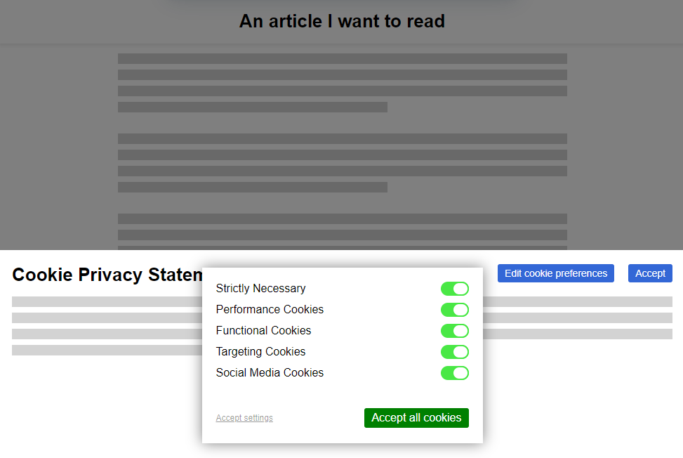 Screenshot from how-i-experience-web-today.com showing an article mostly-covered by a cookie privacy statement and configuration options, utilising dark patterns to try to discourage users from opting-out of cookies.