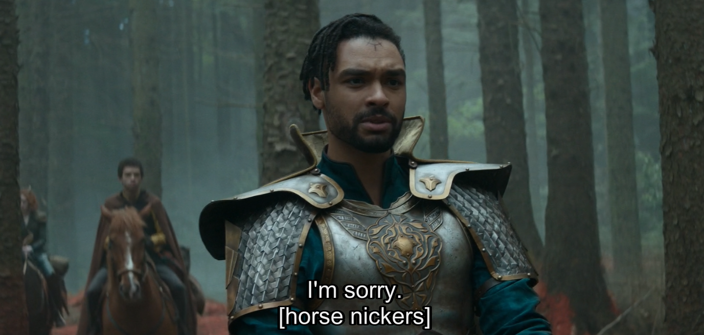 Screengrab from Dungeons & Dragons: Honor Among Thieves. Paladmin Xenk Yendar, played by Regé-Jean Page, rides his horse through a forest. It's subtitled with him saying "I'm sorry." and also "[horse nickers]".