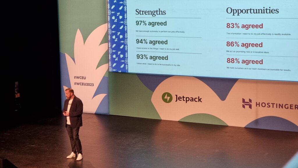 A man on a stage stands in front of a slide listing strengths and opportunities resulting from the survey.