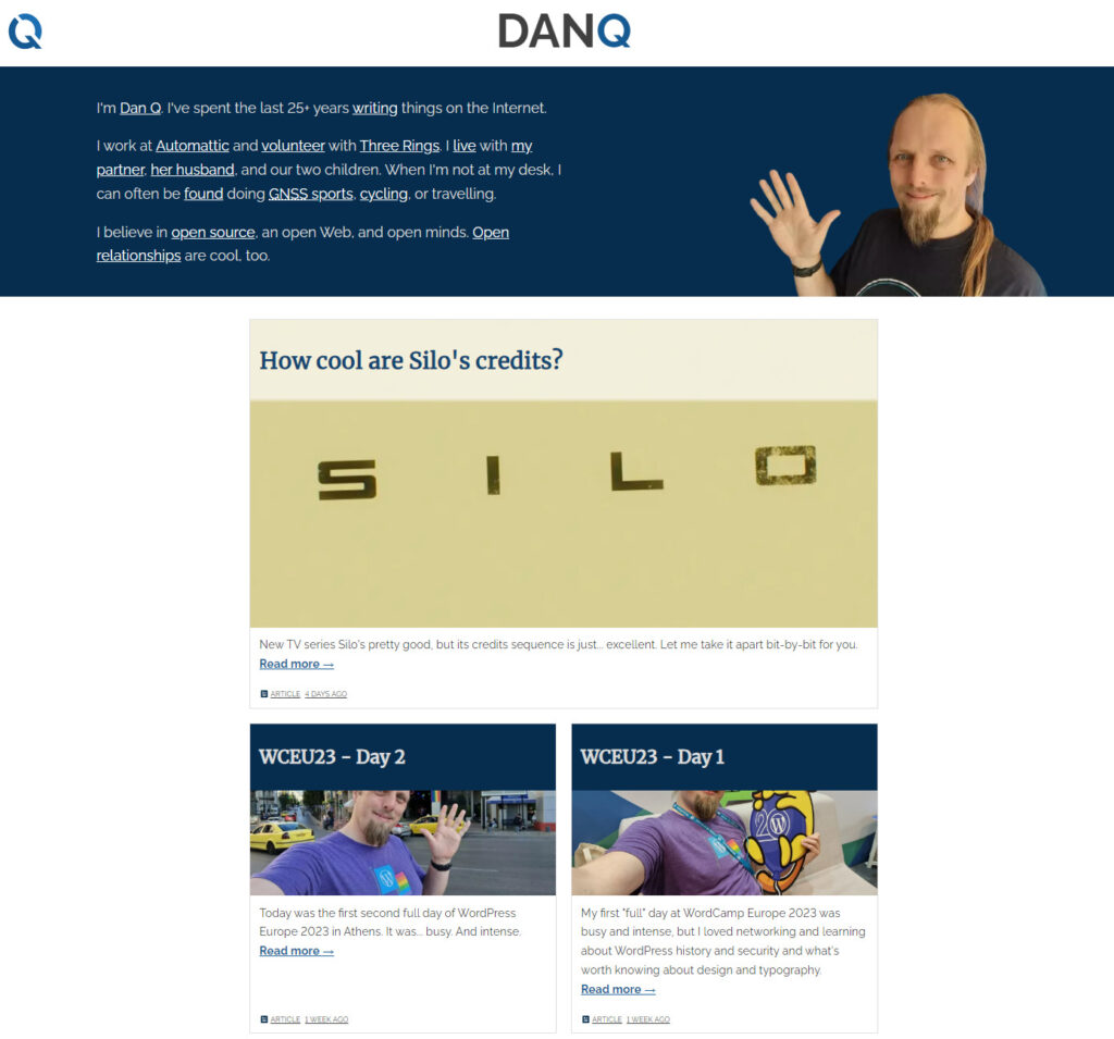 Screenshot showing the homepage of DanQ.me. The headline post is "How cool are Silo's credits?"