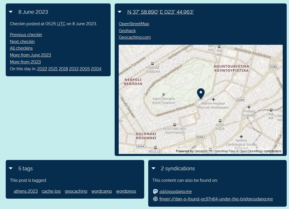 Screenshot showing a "footer" area from a checkin post, showing links to other posts, a map showing the location (in Athens) of the checkin, tags, and syndications.