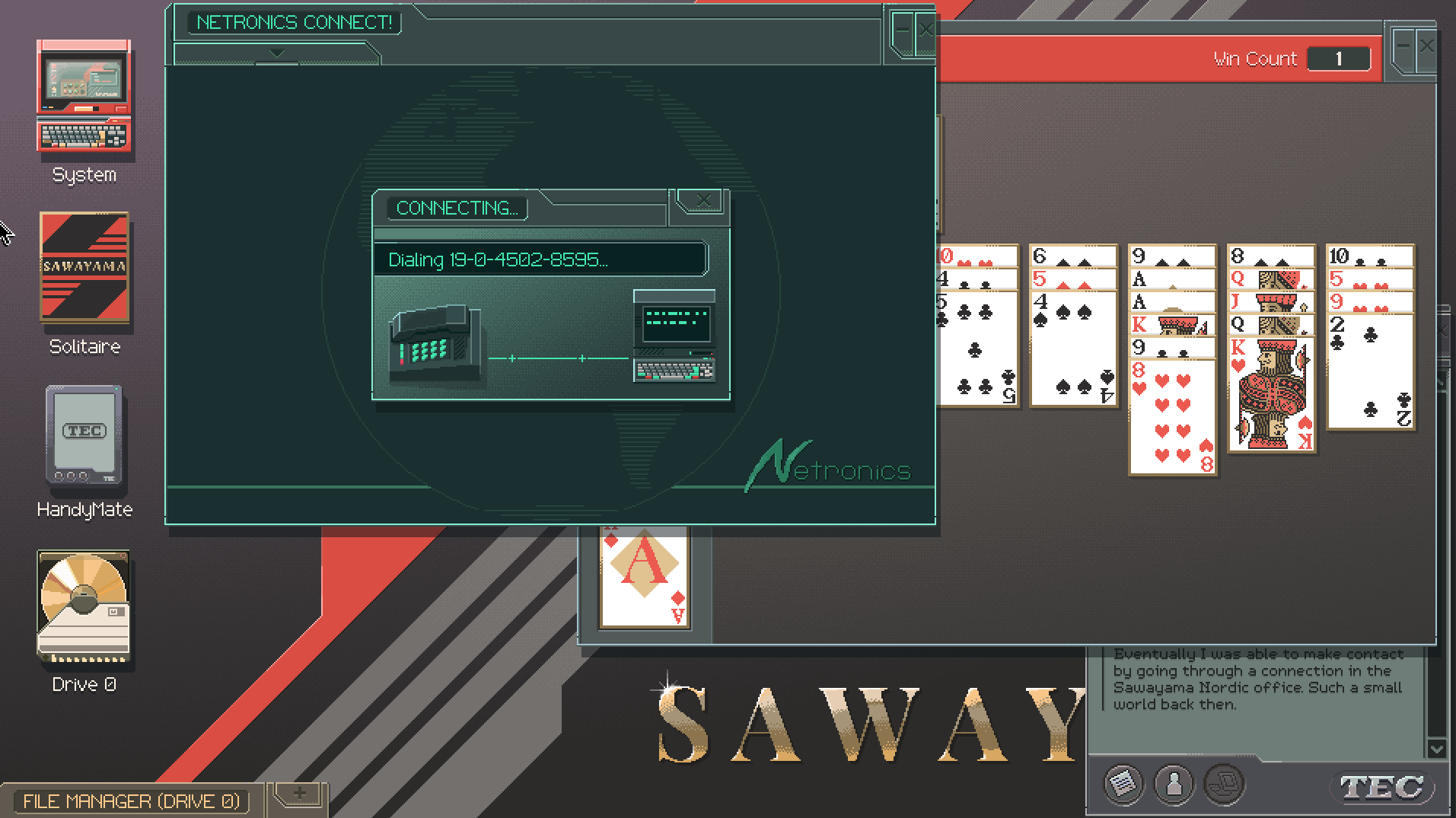 Screenshot of the game Last Call BBS, showing a fictional operating system initiating a dial-up connection to a BBS; a game of Solitaire can be seen in the background.